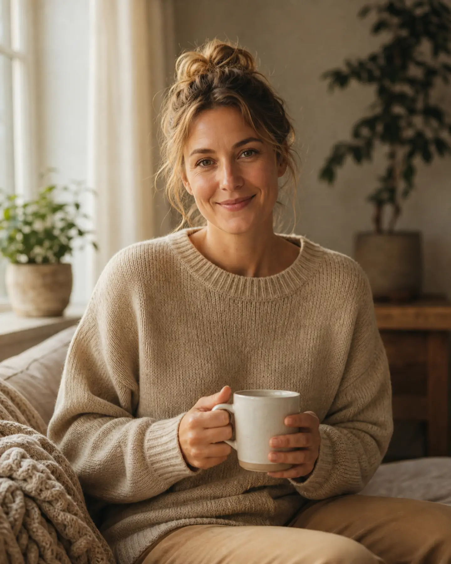 The parent who writes this blog, holding a mug in a sunlit room