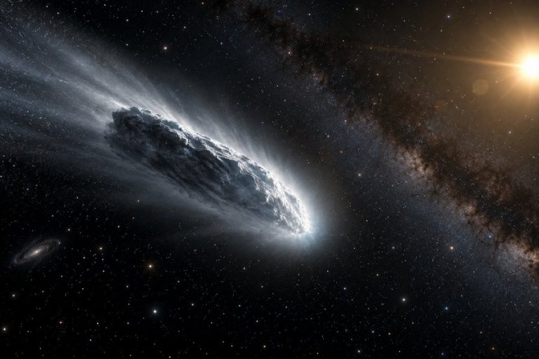 Artistic illustration of interstellar comet 3I/ATLAS travelling through deep space