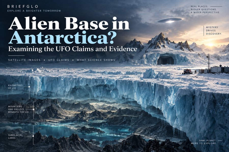 Antarctica alien base theory with UFO imagery and the real hidden landscape beneath Antarctic ice