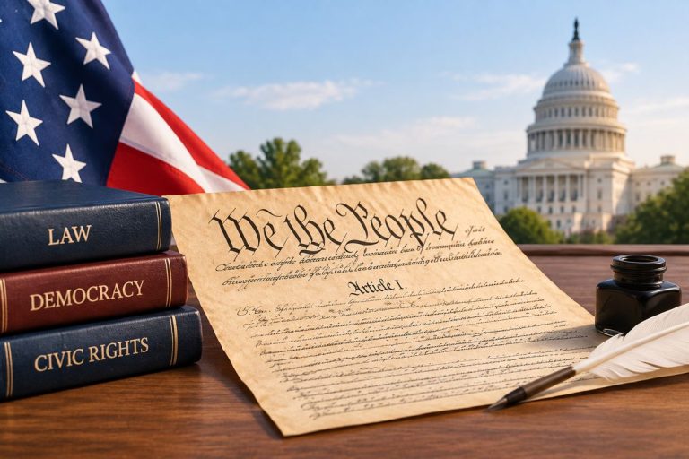 The U.S. Constitution explained with the document, Capitol building, and symbols of American government