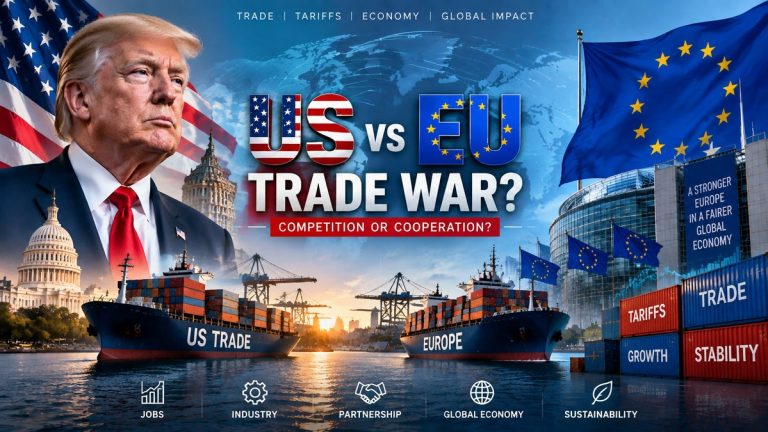 Donald Trump and European Union trade tensions over tariffs, global economy, and US EU trade relations