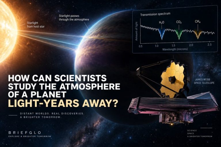 Scientists studying an exoplanet atmosphere using starlight and spectroscopy