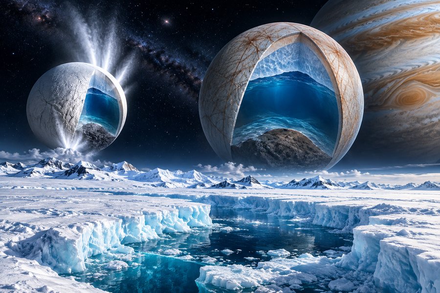Life beneath ice on other worlds including Europa and Enceladus