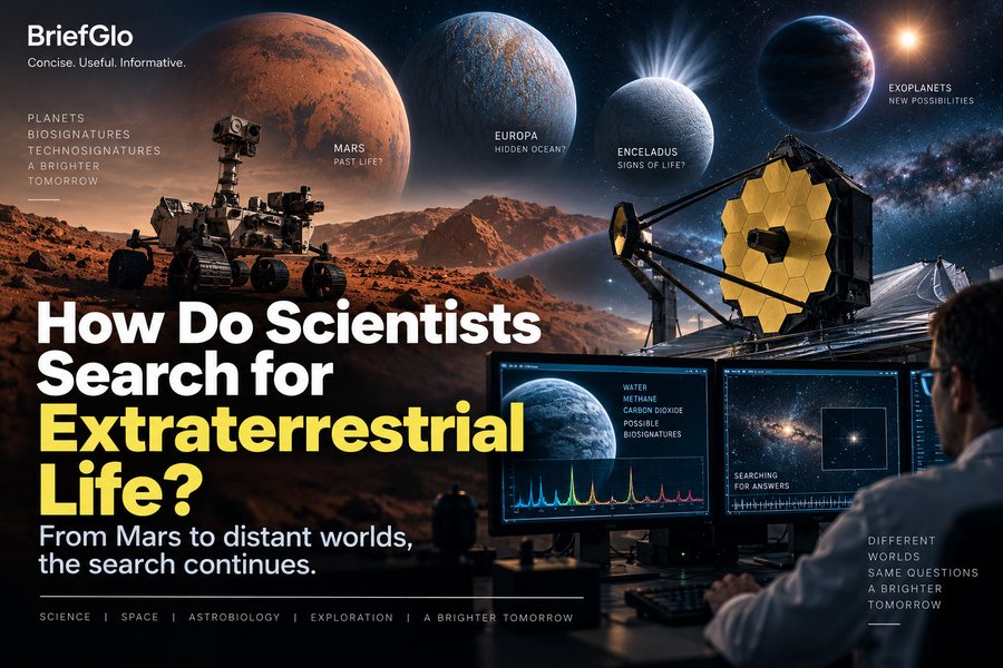 Scientists searching for extraterrestrial life using telescopes and planetary missions