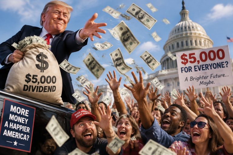 Trump $5,000 dividend proposal explained with satirical illustration