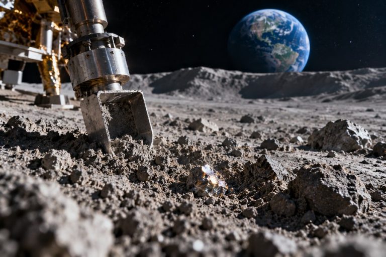 Conceptual illustration of a robotic lunar sampler examining Moon dust for possible microscopic extraterrestrial technosignatures.