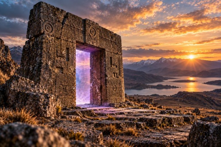 Fictional ancient stone stargate glowing at sunset in a mountainous landscape.
