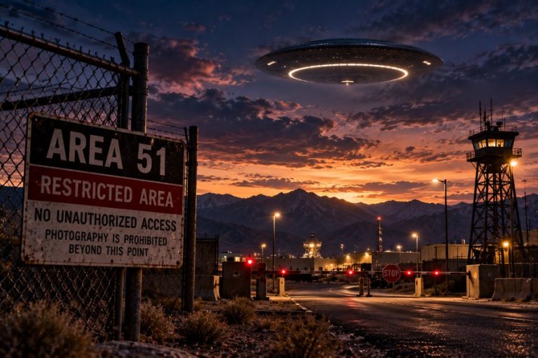 Fictional disc-shaped UFO hovering above a restricted Area 51 military checkpoint at sunset.