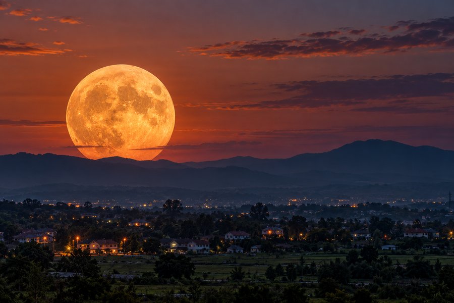 A giant orange full Moon rising above distant mountains and a town at dusk, illustrating the Moon illusion