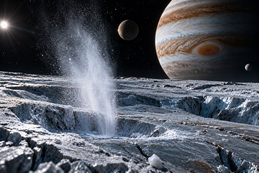 Cryovolcanism on an icy moon with a water vapour plume erupting beneath a giant planet.