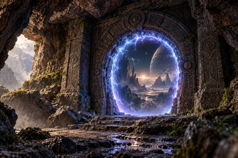 Fictional ancient alien portal hidden inside a stone cavern, opening towards a distant planet.