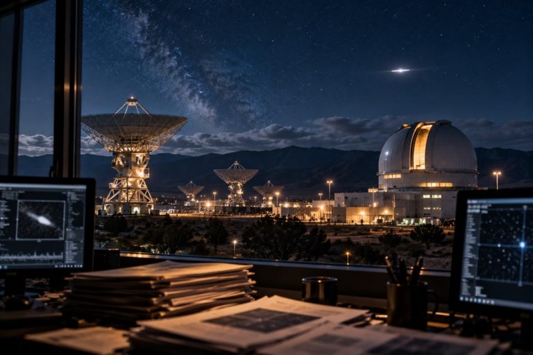 Conceptual illustration of an astronomical observatory and scientific monitors investigating an unidentified light in the night sky.