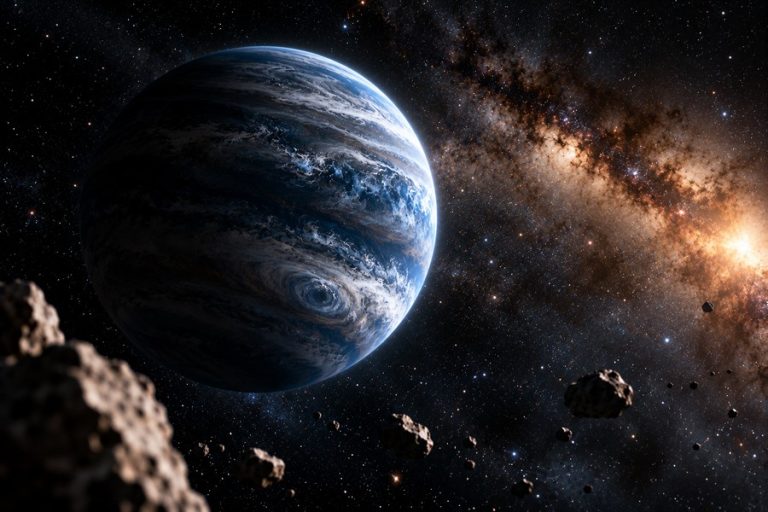 Rogue planet drifting through interstellar space without orbiting a star, surrounded by distant stars and galactic dust.