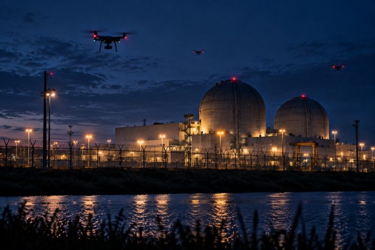 Illustration of unidentified drones flying near a secured nuclear power facility at dusk.