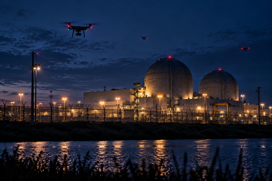 Illustration of unidentified drones flying near a secured nuclear power facility at dusk.