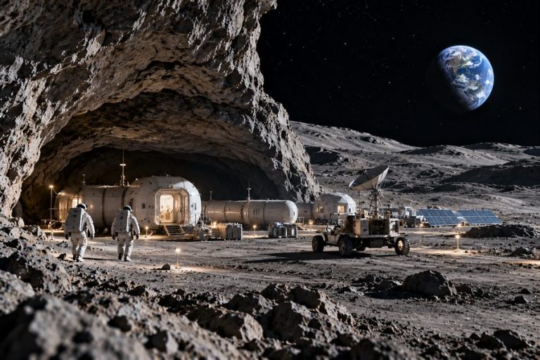 Futuristic Moon base with astronauts and habitat modules beside a lunar cave