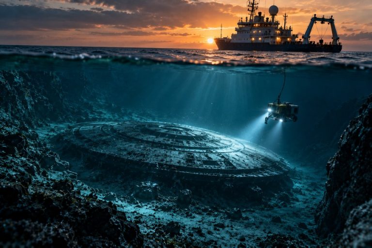 Fictional underwater UFO discovered by a remotely operated vehicle beneath an ocean research vessel.