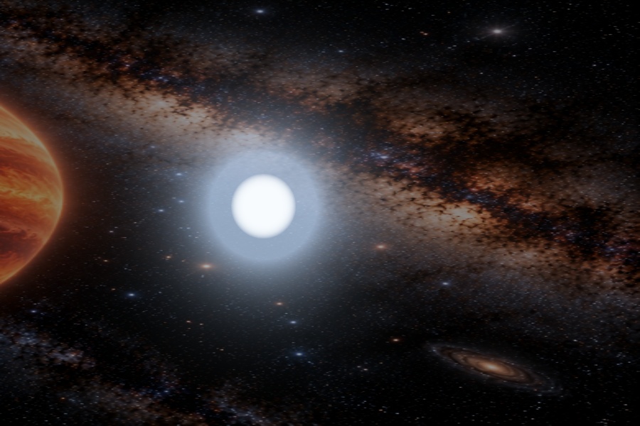Bright white dwarf stellar remnant glowing against a distant star field.